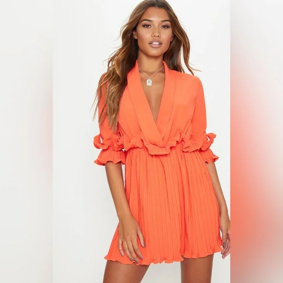 bright orange frill detail pleated skater dress Bright orange frill detail pleated skater dress from